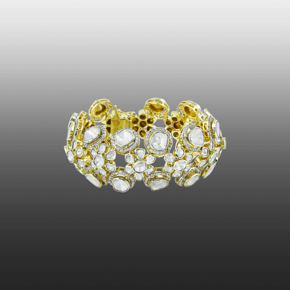 Polki Bracelet with Double Rows and Diamond Halos